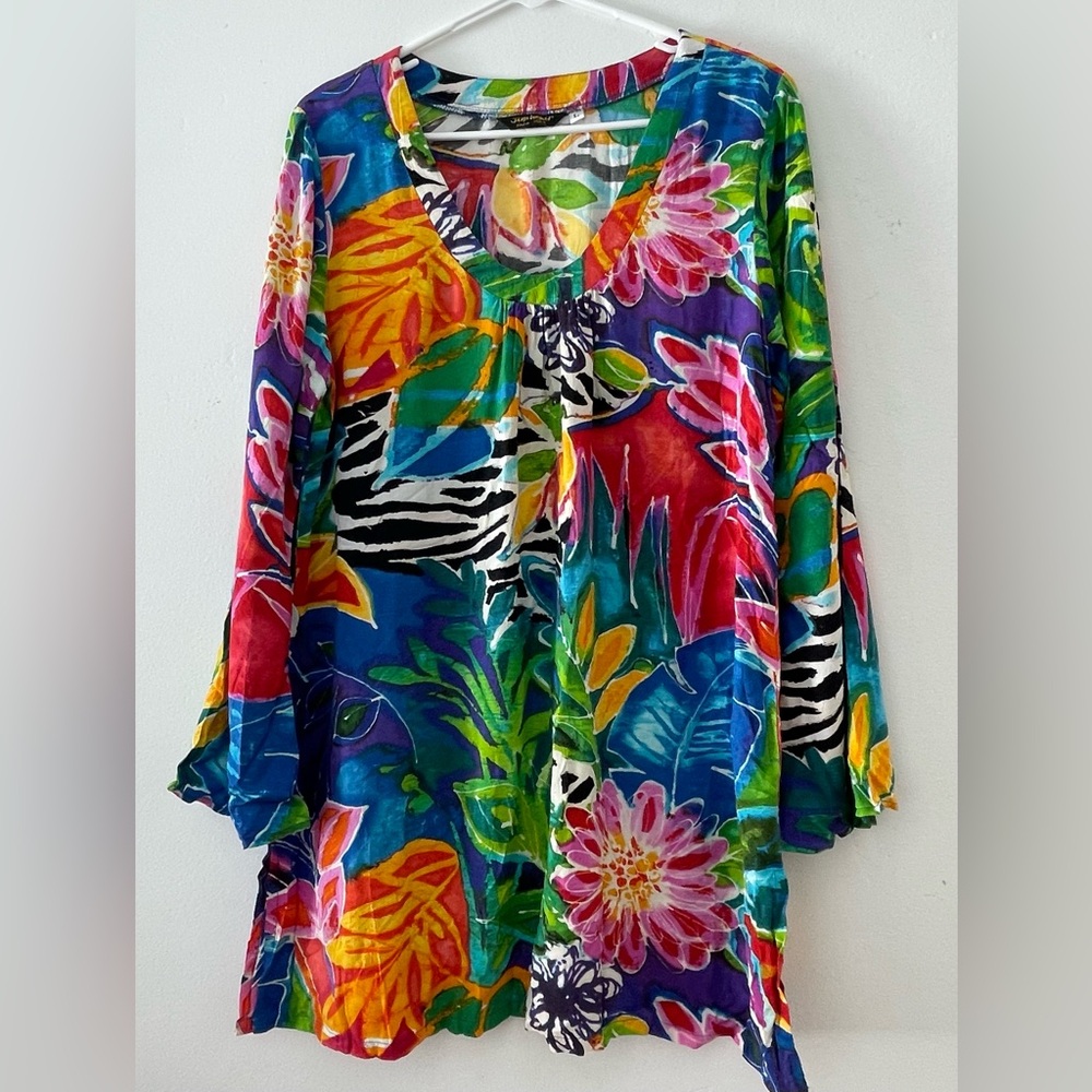 Jams World VTG  Colorful Tropical Floral Tunic Top Womens Sz Large Garden Bliss